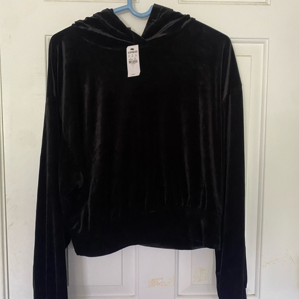 Express black velvet hooded long sleeve tee
